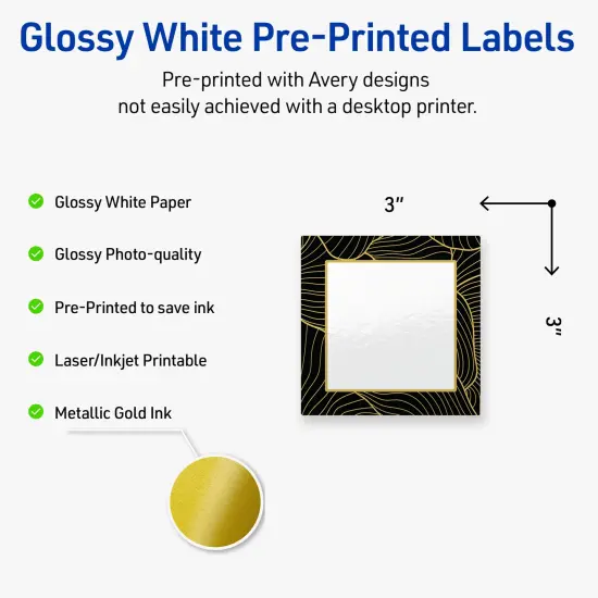 Avery Printable Square Labels with Sure Feed Technology, Pre-Printed Black Border with Gold Pattern, Glossy White, 3" x 3", Laser & Inkjet Compatible, 60 Total {2}