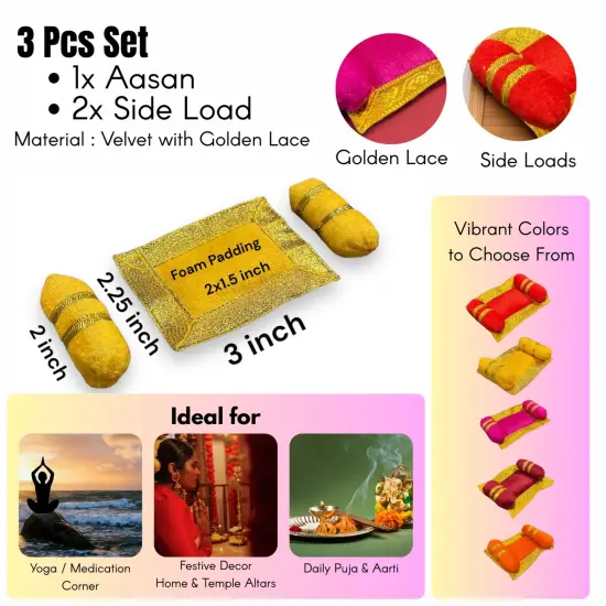 4x Mini Laddu Gopal Velvet Asan Takiya Pillow Set for Lord Ganesha, Krishna, Kanha Ji, Bal Gopal God Goddess Idol Soft Mattress Cushion/gadda Bed Cum Aasan Set (3x2.25 Inch) Lemon {3}