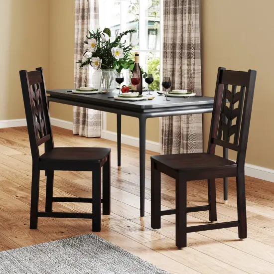Kitchen Dining Chair Set of 2 with Rubber Wood Frame and Ergonomic Leaf Design Rustic Brown {1}