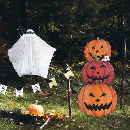 Halloween Decorations: 34" Garden Stakes with 3 Pumpkins & Jack O Lantern - Red {5}