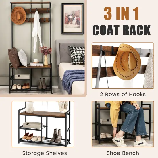 Costway 3-in-1 Coat Rack Industrial Hall Tree Shoe Bench Entryway Storage Shelf with Hooks {6}