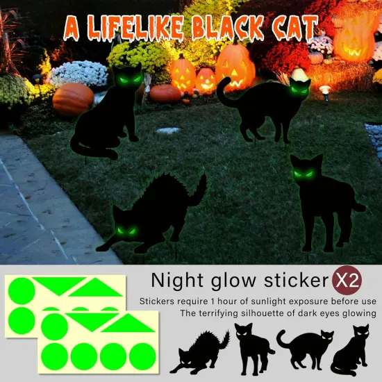 4Pcs Black Cat Yard Sign With Stakes Scary Cat Silhouette &Glow In Dark Eyes {3}