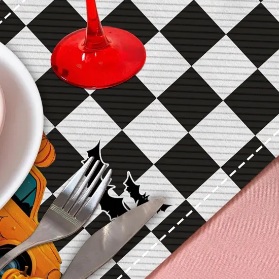 13x72 Inch Long Linen Fall Cute Plaid Bat Pumpkin Table Runner {4}