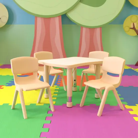 Emma and Oliver 21.875"W x 26.625"L Rectangular Plastic Height Adjustable Activity Table Set with 4 Chairs Natural {1}