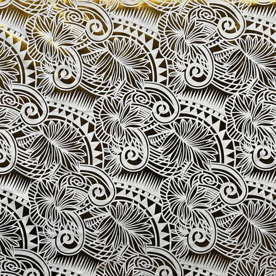1 Yard Palm Leaves Traditional Tattoo Polyester Fabric Foil 60 Inches Width White & Gold {1}