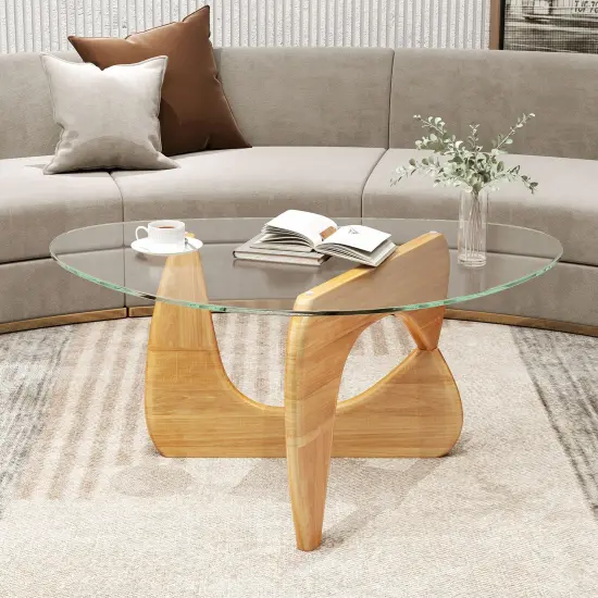 Natural Glass Coffee Table with Adjustable Wood Base, Modern Triangle {6}