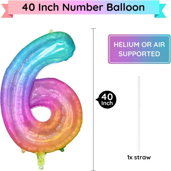Rainbow Number 6 Balloon, 40 Inch Large Number Foil Mylar Balloons for 6th Girl Boy Birthday Party Celebration Decorations Supplies, Digital Balloons for Wedding Anniversary Events Decora {2}