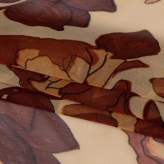 1 Yard Brown and Tan Painted Flowers Silk Chiffon 45" Wide Lightweight Sheer Fabric {4}