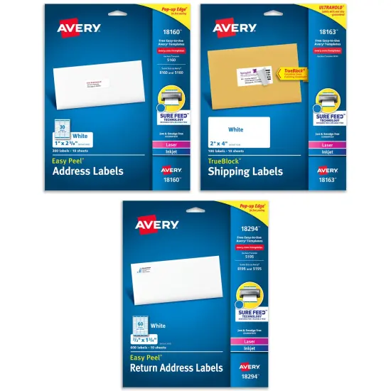 Avery White Address Labels with Permanent Adhesive, Sure Feed, 3 Sizes: 1"x 2 5/8" (300 Labels,18160), 2"x 4" (100 Labels,18163), 2/3"x 1 3/4" (600 Labels,18294), 1 Pack of Each, 1,000 Labels Total {1}