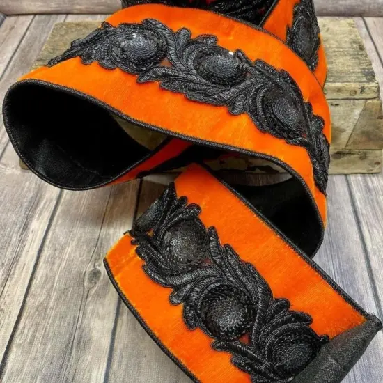4" Velvet Black Floral Sequin Ribbon: Orange (5 Yards) {2}
