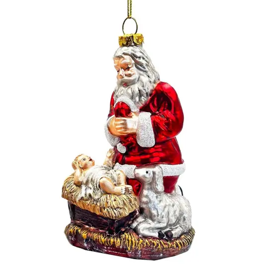 Innocent Santa and Baby Jesus Handblown Glass Christmas Ornament, Nativity Christian Holiday Decor {1}