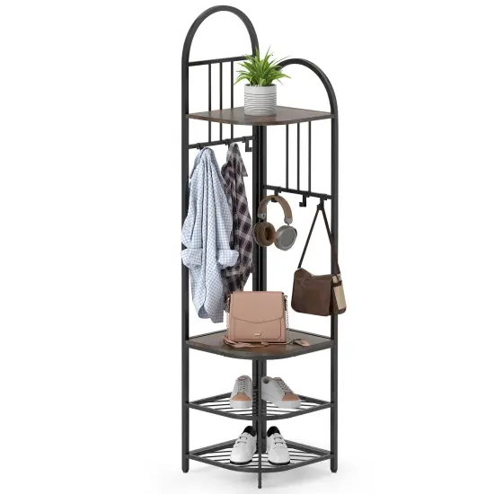 4-Tier Coat Rack Corner Tree with Shoe Bench and Hooks Rustic Brown {4}