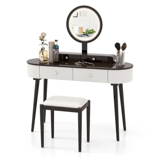 LED Lighted Vanity Table Set with Adjustable Mirror & Cushioned Stool White-Brown {4}