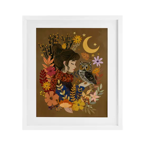 Autumn Owl & Girl Framed Print Under Glass Art Black {7}