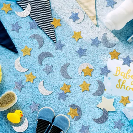 400 Pieces Glitter Star and Moon Paper Confetti Double Side Table Paper Confetti Sequin for Wedding Birthday Baby Shower Moon and Star Party Ramadan Mubarak Decor (Dark Blue, Light Blue, Gold, Silver) {3}