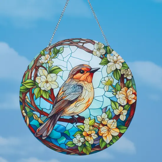 Collections Etc Hanging Stained Glass Style Floral Robin Suncatcher Decoration {1}