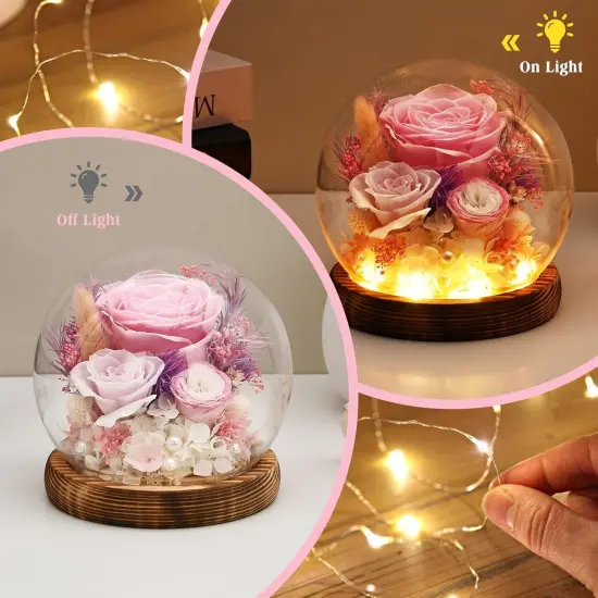 Gifts for Women Mom Grandma, Preserved Flowers Roses in Glass Dome with LED Light, Mother Day Birthday Valentine Gifts (Pink) {3}