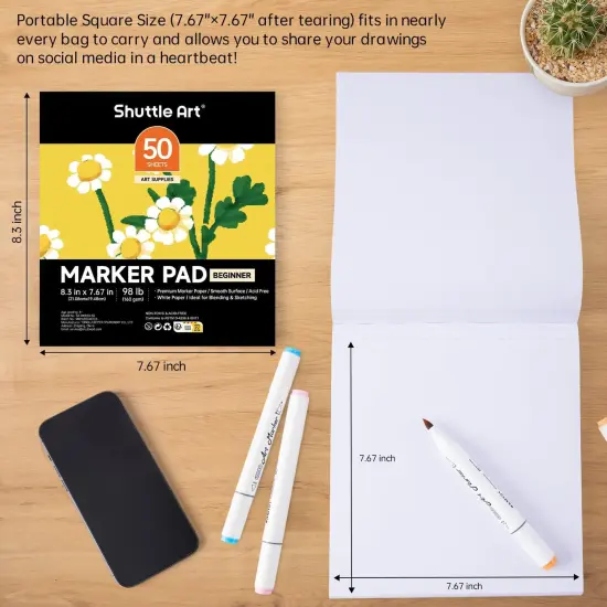 Marker Pad, 8.3&rdquo;x7.67&rdquo; Portable Square Sketchbook, 50 Sheets Marker Drawing Paper, 98LB/160GSM Smooth Surface Bleedproof Art Paper, Glue-Bound, Great for Beginners to Draw, Paint & Sketch {4}
