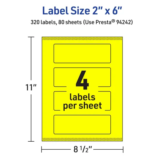 Avery Neon Yellow Paper Labels, 2" x 6" Rectangle {5}