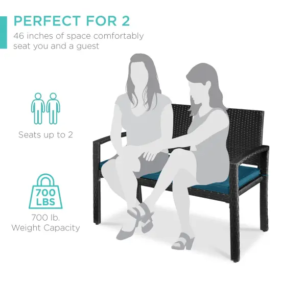 Best Choice Products 2-Person Outdoor Wicker Bench Garden Patio Porch Furniture w/ 700lb Capacity, Cushion Blue/Black {6}