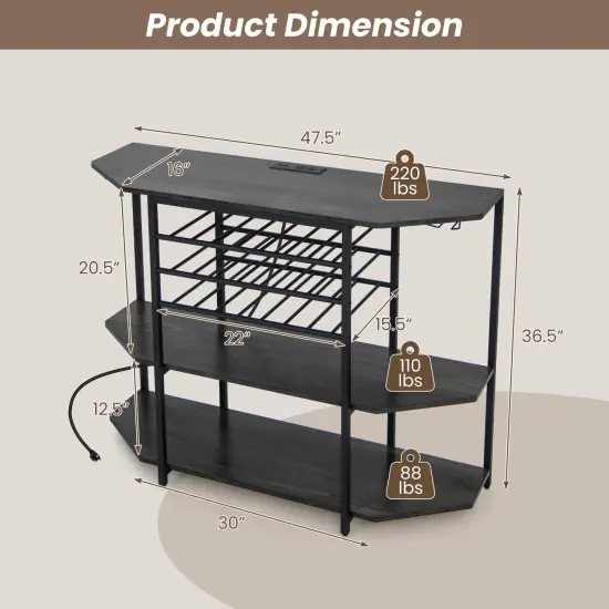 Wine Rack with Charging Station, 21-Bottle Capacity, 8 Glass Holders, and 3 Shelves Grey {5}