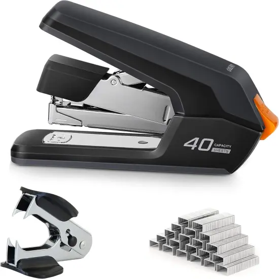 Effortless Desktop Stapler, 40 Sheet Capacity, One Finger Touch Stapling, Easy to Load Ergonomic Heavy Duty Stapler, Includes 1500 Staples and Staple Remover {1}