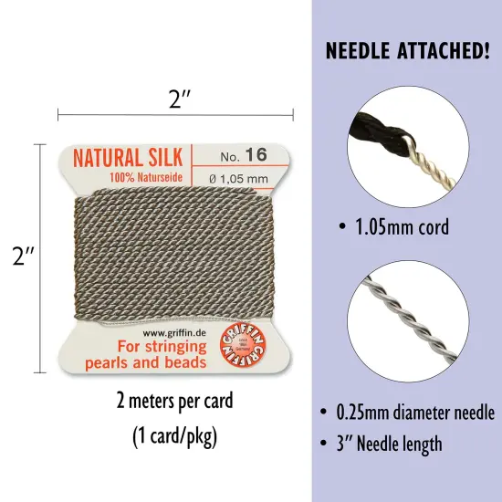 Size 16 Griffin Bead Cord 100% Natural Silk Grey {4}