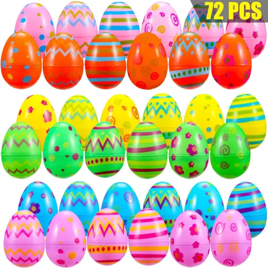 72 Pcs Plastic Printed Easter Eggs, 3.15" Tall Fillable Colorful Toys Easter Eggs Bulks for Easter Hunt, Party Favor, Basket Stuffers Filler {2}