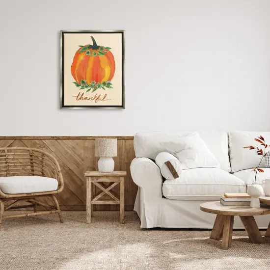 Thankful Orange Pumpkin Leaf Botanicals Autumn Plants Floating Frame Canvas Art Gold {8}