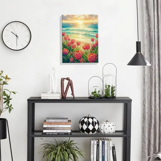 Paint by Numbers Kit for Adults with Frame, Seaside Sunset Paint by Number with Easel, DIY Tulip Paint by Number Kits Framed Canvas for Home Wall Decor {5}