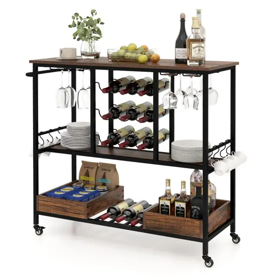 3 Tiers Bar Cart on Wheels with Glass Racks Rustic Brown {4}