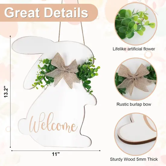 Easter Decorations Door Sign, Wooden Rustic Welcome Easter Front Door Hanger, White Easter Bunny Wreath Hanging For Spring Wall Home Farmhouse Indoor Outdoor Decor (Bunny) {2}
