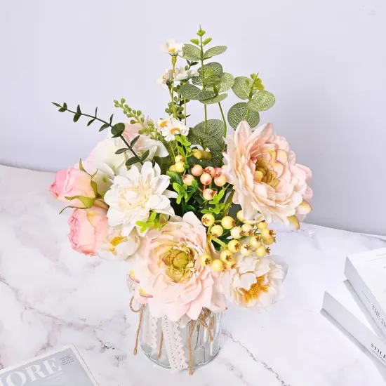 Artificial Hydrangea in Vase for Home Decor, Fake Silk Pink Flower Bouquet Artificial Flowers with Pot, Faux Dahlia Arrangement for Fall Spring Home Living Room Decor, Centerpiece Table Decorations {3}