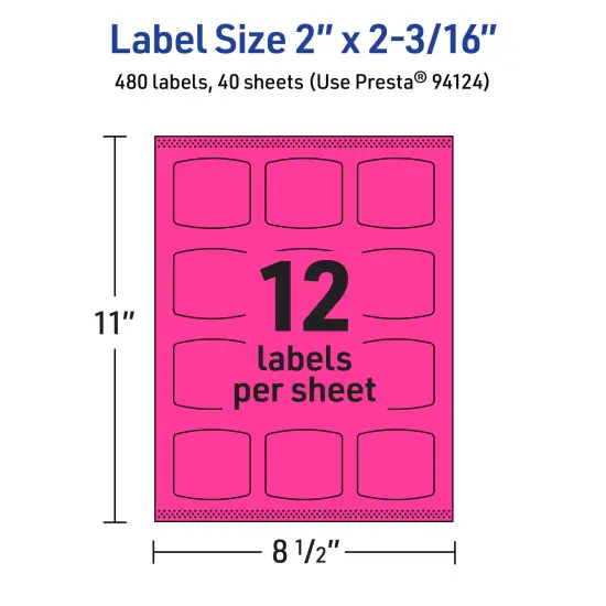 Avery Neon Magenta Paper Labels, 2" x 2-3/16" Arched Square {5}