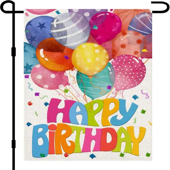 Happy Birthday Garden Flags for Outside 12x18 Double Sided Burlap, Colorful Balloon Personalized Banner Farmhouse Yard Sign Birthday Party Decorations DF575 {1}
