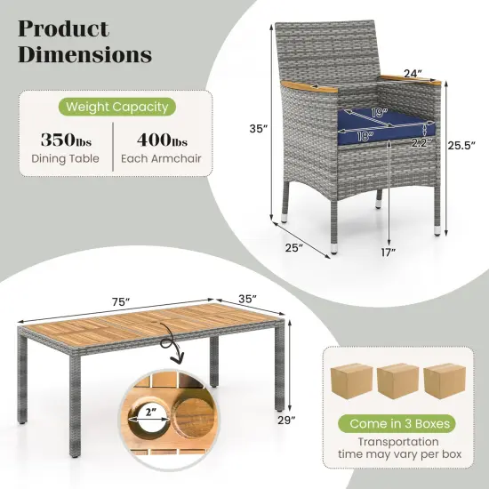 9 Pieces Patio Wicker Dining Set Including Ergonomic Armchairs with Cushions and Metal Frame Navy {5}