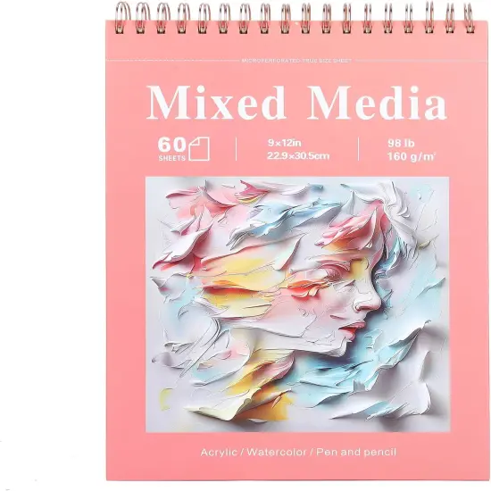 Mixed Media Sketchbook, 9x12 inches Sketch Pad 60 Sheets (98lb/160gsm) Heavyweight Drawing Papers, Top Spiral Bound Hardcover Watercolor Paper, for Wet and Dry Media (1) {1}