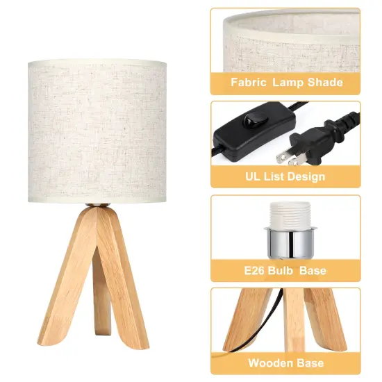 Small Bedside Table Lamp Wooden Tripod Nightstand Lamp with Fabric Linen Shade {3}