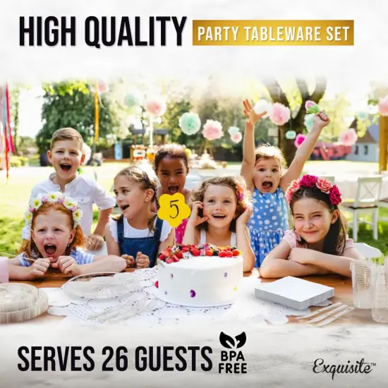 Exquisite 182 Pcs Plastic Plates for Party &ndash; Disposable Plates Set &ndash; 26 Each of 9" Dinner Plates, 7" Dessert Plates, Plastic Cups, Napkins & Plastic Cutlery &ndash; Plastic Dinnerware by Party Solids Clear {6}