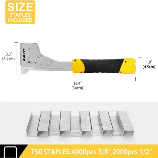 Heavy Duty Hammer Tacker with 6000 T50 Staples of 1/2, 3/8 inches, Steel Construction Manual Hammer Stapler with Anti-jam Magazine for Construction, Roofing, House Wrap, Insulation,Floor {3}