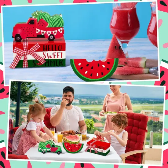 5 Pcs Watermelon Table Decorations Summer Tiered Tray Decor Mini Wooden Decorative Books Stack with Twine with Wood Truck Sign for Home Kitchen Shelf Tabletop Centerpieces {4}