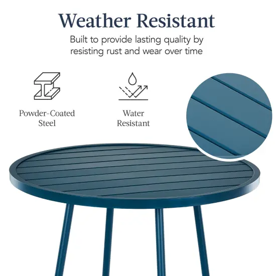 Best Choice Products 3-Piece Steel Patio Bar Height Round Bistro Set w/ Backless Stools, Slatted Design Peacock Blue {5}