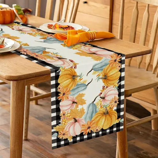 Fall Table Runner Plaid Maple Leaf Pumpkin Seasonal Autumn Burlap,13x72 Inch {4}