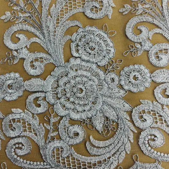 1 Yard Beaded Corded Lace Fabric Embroidered Net Mesh 51" Width Silver {5}