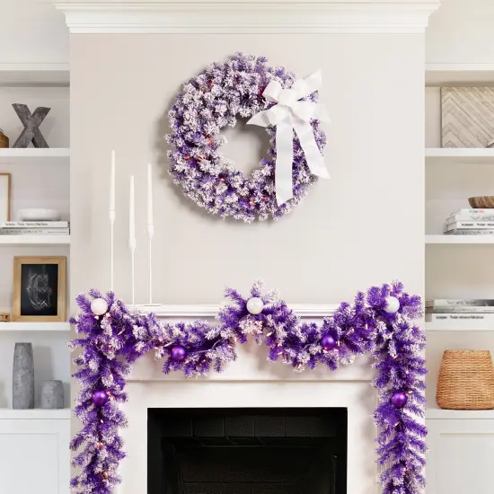 Northlight Pre-Lit Flocked Pine ArtificialChristmas Wreath - 24" - Purple - Clear Lights {4}