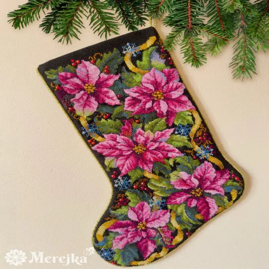 Pink Poinsettia Christmas Stocking K-262 Counted Cross-Stitch Kit {1}