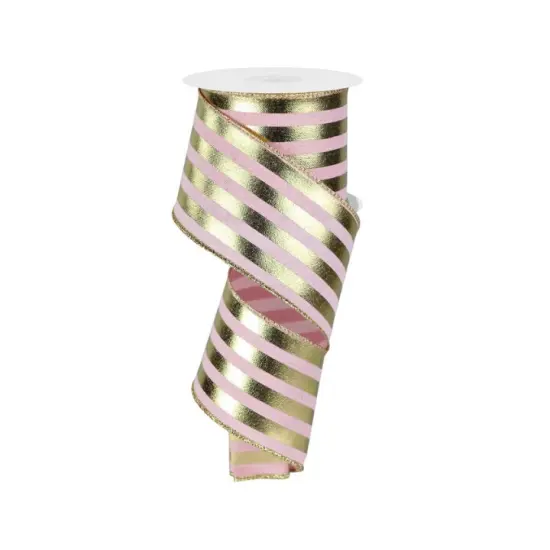 2.5"x10yd Pale Pink & Gold Metallic Striped Ribbon - Wired Ribbon for Crafts & Holiday Decor (RGE142915) {1}