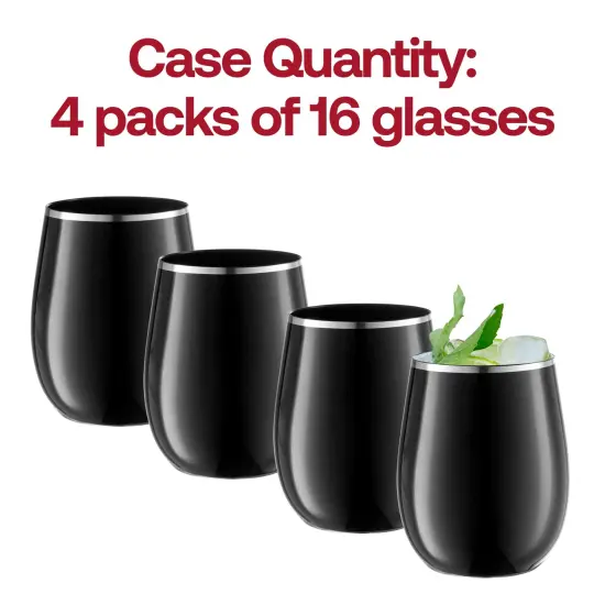 Black with Silver Elegant Stemless Plastic Wine Glasses - 12 oz. (64 Glasses) {5}
