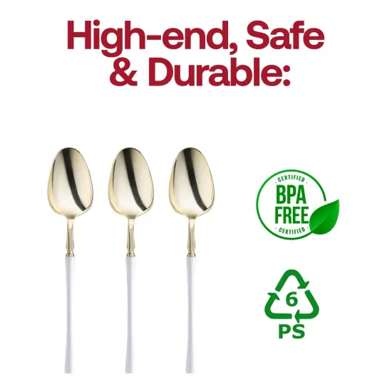 Gold with White Handle Moderno Disposable Plastic Dinner Spoons (240 Spoons) {4}