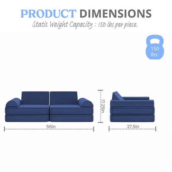 Emma and Oliver Conner Modular Play Couch for Kids with Convertible 6-Piece Design and Soft Foam Cushions Blue {6}